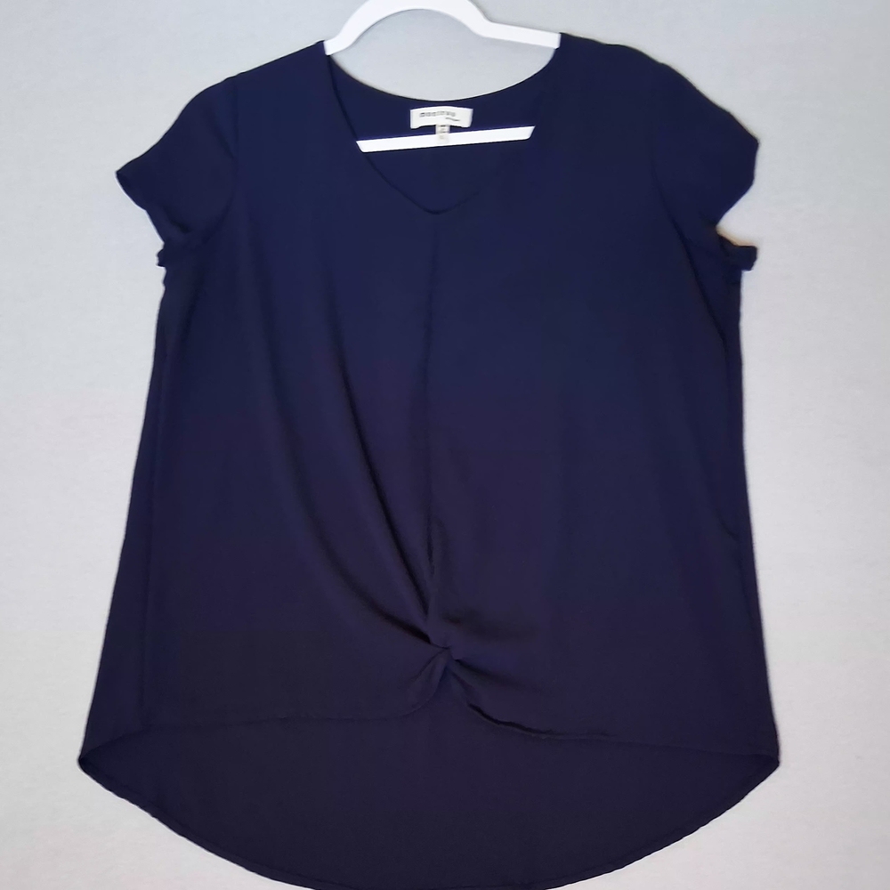 Monteau Sz L Dark Navy Twist-Front V-Neck Short Sleeve Blouse